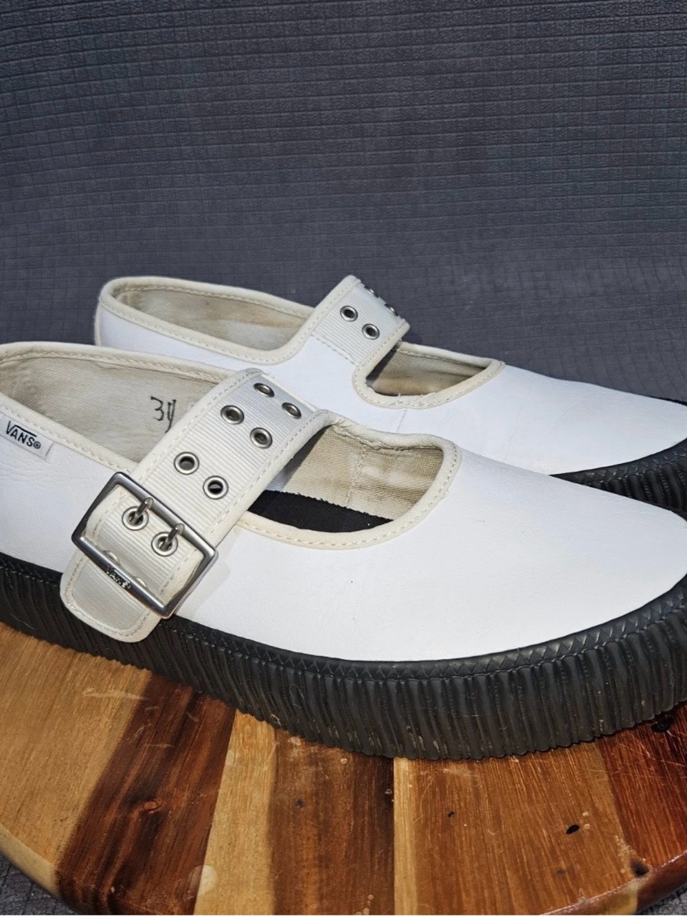 Vans White Leather Mary Jane Buckle Platform Shoes